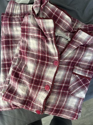 George Damen Schlafanzug Flanell kariert Bordeaux-Weiß-Grau S, Knöpfe