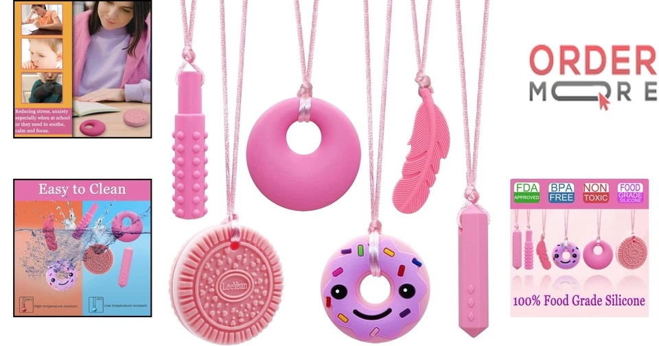 硅胶咀嚼项链 6 件装感官玩具自闭症 ADHD 学步儿童 — 第 2/4 张图片