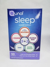 Qunol Sleep Support 5 in 1 Melatonin Ashwagandha GABA Valerian L-Theanine 30 Ct