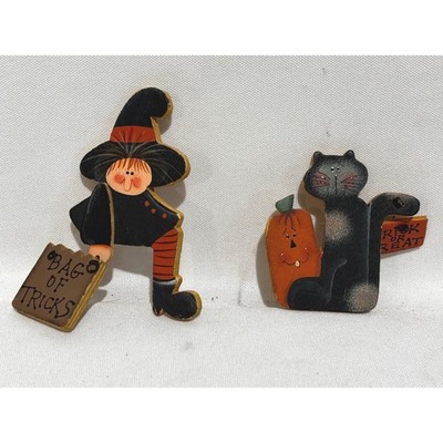 2 Hand Painted Wooden Halloween Brooches Pins Witch & Black Cat festive folk art
