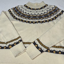 J. Crew Lambswool Blend Sweater Mens Large Fair Isle Yoked Nordic Rollneck Creme