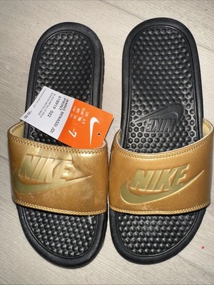NIKE Benassi JDI Slides - Just Do It Black/metallic Gold Womens Sz 7 New W/Tag