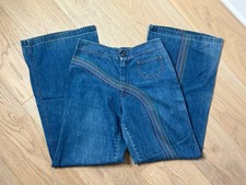 Vintage 1970  s Pants Women  s Blue Denim Rainbow Stitching Bell Bottom Hippy