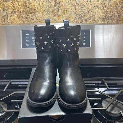 GAP Girls Black Ankle Biker Boots Star Studs Double Buckle Side Zip 2