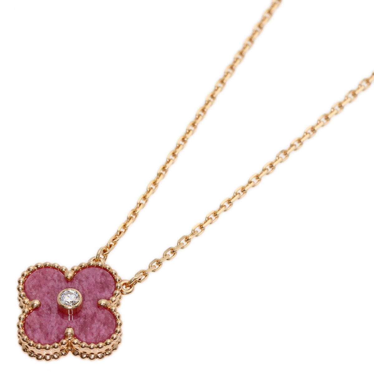Van Cleef & Arpels  Vintage Alhambra Rhodonite Diamond Necklace K18 Pink Gol...