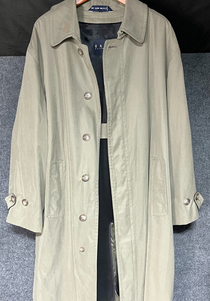 Ralph Lauren Long Trench Coat Wool Lined Mens Size 46R Olive Green
