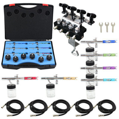 OPHIR 6PCS 0.35mm Dual Action Airbrush Set Kit w 4-Airbrush Holder 5x Air Hoses