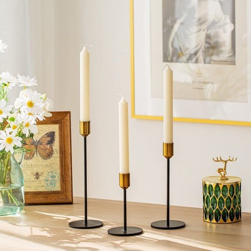 Candlestick Holders - Set of 3 Black Taper Candle Holders with Brass Colour Top - Picture 2 of 6