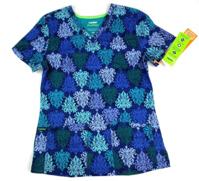 #ad New Landau ProFlex Womens Stretch Scrub Top Size S Geometric 4163 Opulent Blues $15.99