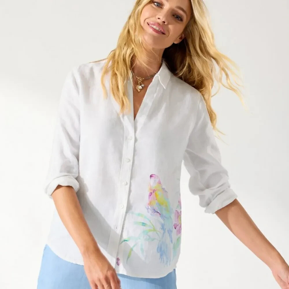$138 NEW WOMEN'S TOMMY BAHAMA COASTAL JUNGLE LONG SLEEVE WHITE LINEN SHIRT SMALL