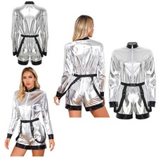 Women Bodysuit Front Zipper Astronaut Costume With Waist Belt Jumpsuit Shiny