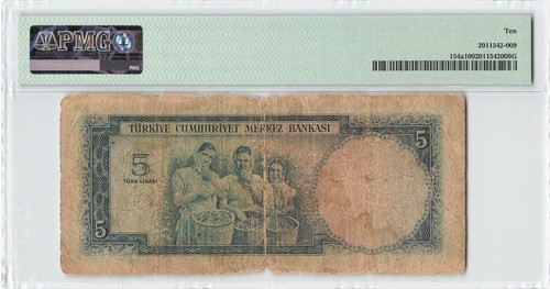 TURKEY 5 Lira 1930 (ND 1952), P-154a, PMG 10 Very Good, Full Details. - Picture 2 of 2