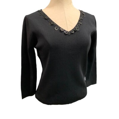Large Versailles Women's Black V-Neck Embellished 3/4 Sleeve Pullover Top Travel