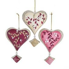 Set of 3 Burgundy, Ivory and Pink Heart Ornaments w