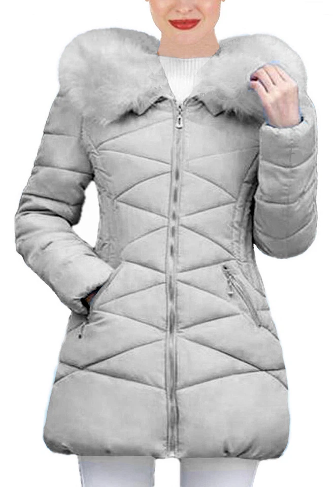 Chaqueta acolchada acolchada con cuello de capucha recortada de piel desmontable - F195 Foto 3 de 4