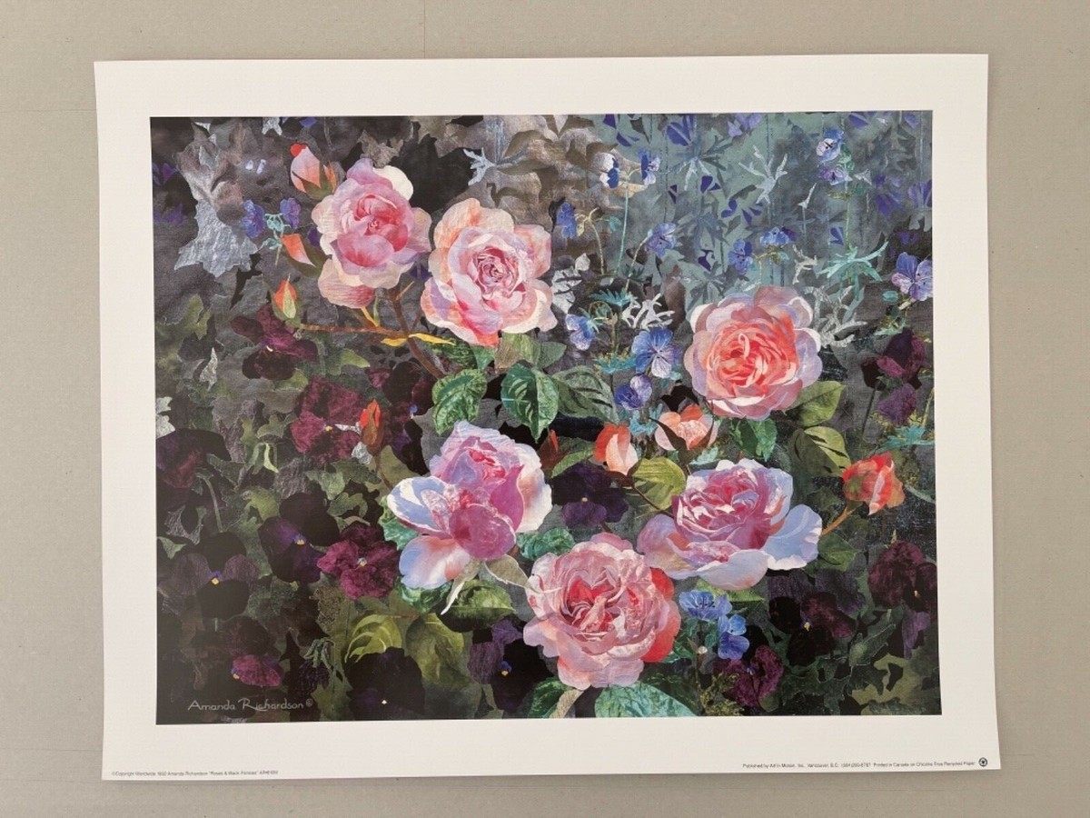 Amanda Richardson アマンダ リチャードソン絵画 額縁 AMANDA RICHARDSON, 'ROSES AND BLACK PANSIES ' RARE AUTHENTIC 1992