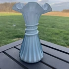 FENTON Art Glass Wheat Smoke Blue Vase 8”H Ruffled Top