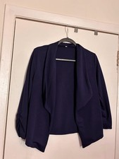 Navy Blue Open-Front Cropped Blazer with Ruched Sleeves   Size Large