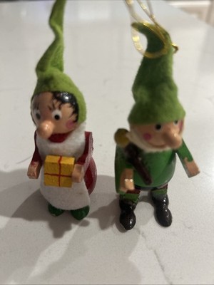Two Vintage Wood Gnome Or Elf Christmas Ornaments