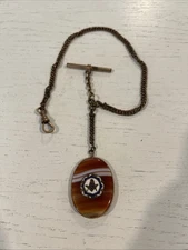 Antique Gold Filled Pocket Watch Chain with Masonic Banded Agate Fob