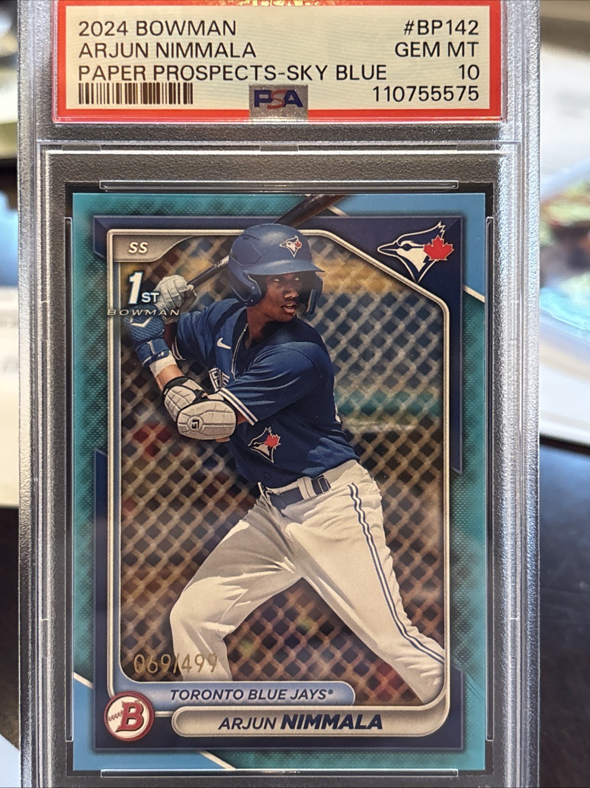 2024 Bowman Arjun Nimmala Sky Blue 1st Bowman RC Rookie BP142 PSA 10 GEM /499
