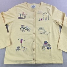 CJ Banks Women's Shirt X Yellow 100% Cotton Cat Bird Bike Floral Embroidered