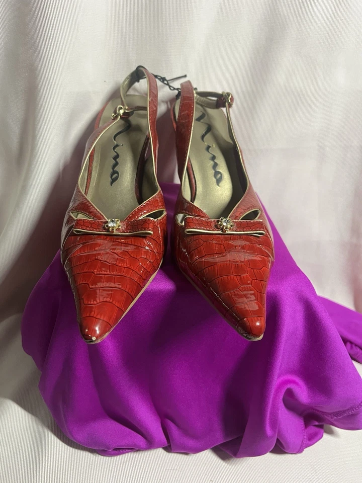 Zapatos de tacón para mujer NINA CHAROL CON LAZO ROJO Y DORADO DE COLECCIÓN talla 8-38 Foto 2 de 4