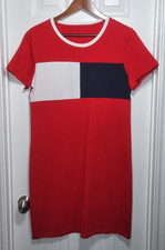 Tommy Hilfiger Women's M Red Flag Logo T-Shirt Dress Colorblock Crew Neck Midi