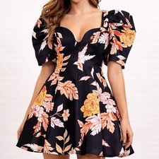 ASOS Black Floral Mini Dress Womens 10 Puff Sleeve Plunge Skater Party