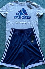 NWT Adidas Boys YLG Navy Blue/Gray SOCCER Logo Shorts Set Large