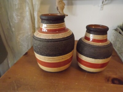 2 VTG RAYMOR VASES mid century mod earthtones 2 sizes 8'' AND 9.5'' brown & orange