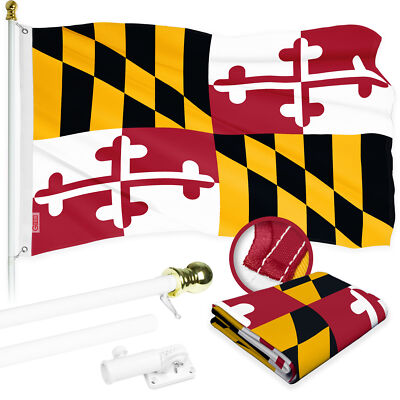 G128 Combo White Flagpole 6 Ft & Maryland State Flag 2.5x4 Ft Printed 300D Poly