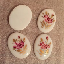 JM55 40x30mm vintage white glass oval cabochons w/pink  gold floral design 4 
