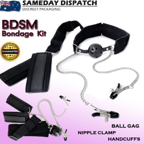 BDSM Fetish Mouth Gag Nipple Clamp Handcuffs Restraint Bondage Kit Adult Sex Toy - Picture 1 of 7