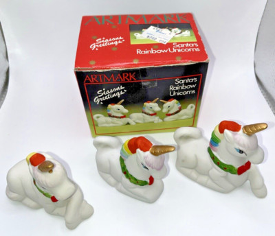 Vintage Rainbow Unicorns Santa's Set of 3 in Box ARTMARK 2258 1987 New Holiday