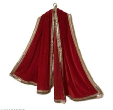 Velvet Red Golden Embroidered Dupatta For Women Traditional Indian Girls Wear