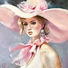 Romantic Woman in Pink Hat Painting Impressionism Girl Art Collectible Signed