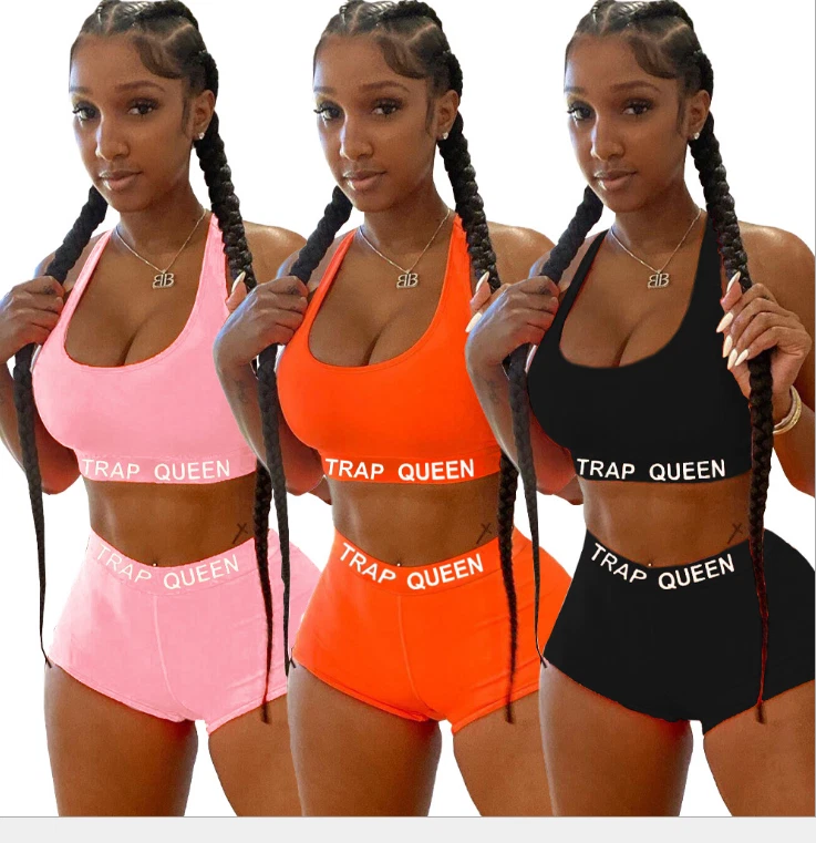 Womens Sexy Gym Exercise TRAP QUEEN 2 PC Scoop Neck Bodycon Crop Top Mini Shorts