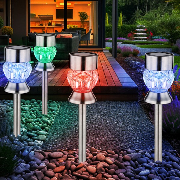 AußEnlampe Solarleuchte Stecklampe Led Gartenleuchte Rgb Farbwechsel Erdspieß 4X-image