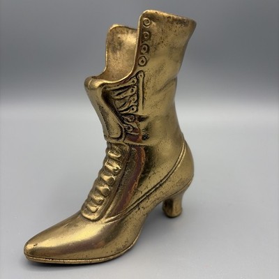 Vintage Solid Brass Victorian Ladies Lace Up Boot Shoe Planter Vase Decor 5''