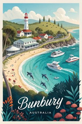 Fesselndes Bunbury Australien Reise Poster - Küstenstadt Kunstdruck A1-A4 Poste