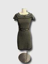 Maggy London Knit Sweater Dress S Black Yellow White Geometric Belted