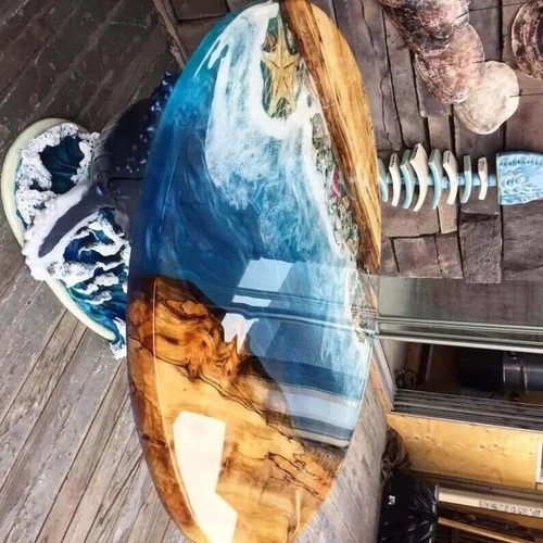 Round Epoxy Table Tops Natural Ocean Waves Resin River Wooden Furniture - Picture 2 of 8