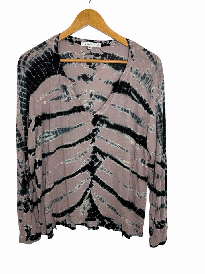 Young Fabulous & Broke Mauve Black Tie Dye Linen Rayon Tee Shirt Size Small