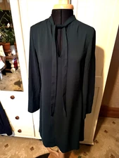 M&S Marks & Spencer Knee Length Dress Size 6 Petrol Green Long Sleeve Tie Neck
