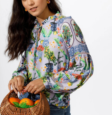 Emily Lovelock Emma Top Lilac Ginger Jar Print Ruffle Sleeve Size M US 6-8