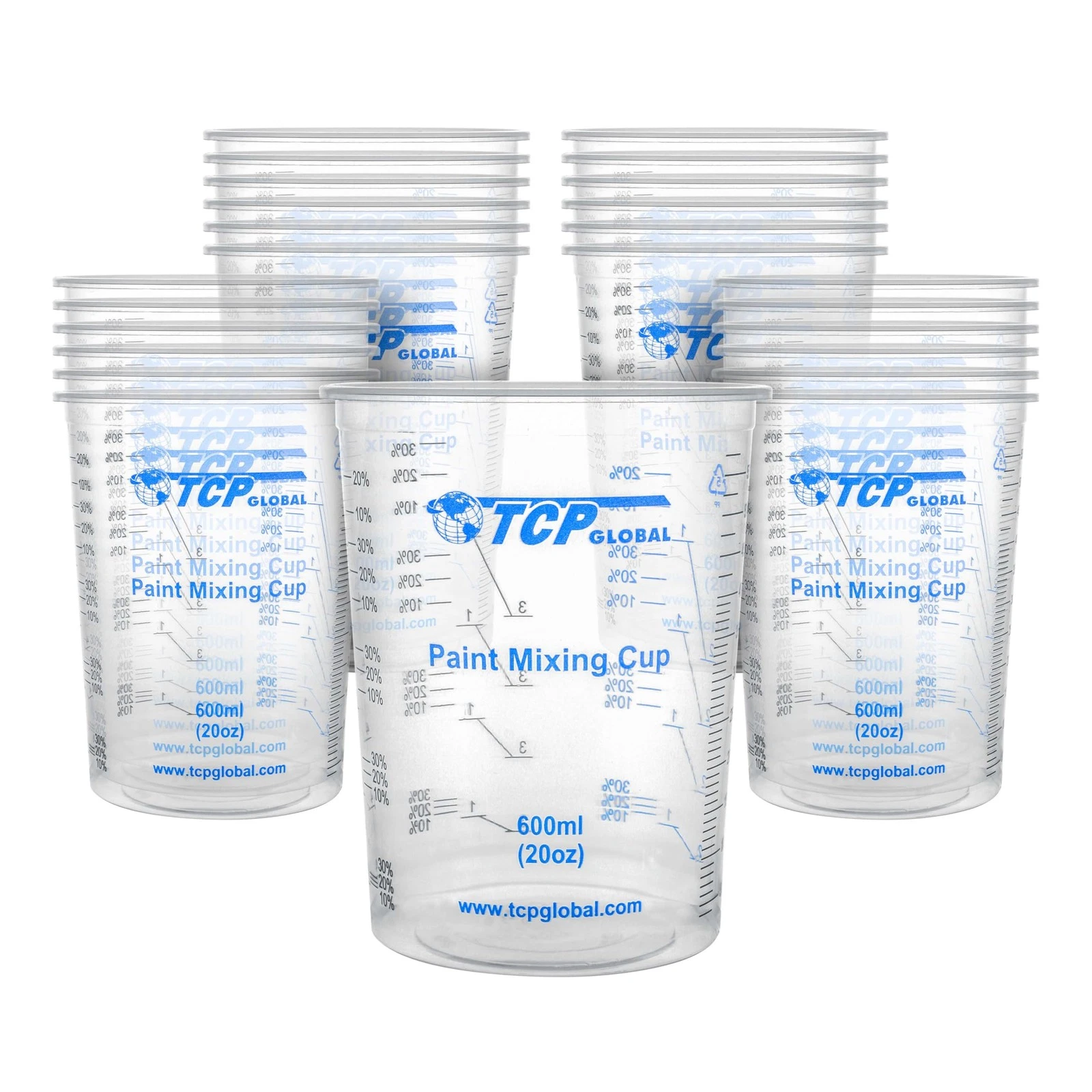 TCP Global 20 oz. (600ml) Graduated Plastic Mixing Cups - Box of 600ml, Clear