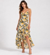 LUSH Lemon Print High Low Ruffle Dress Small Tropical Maxi Sundress NWOT