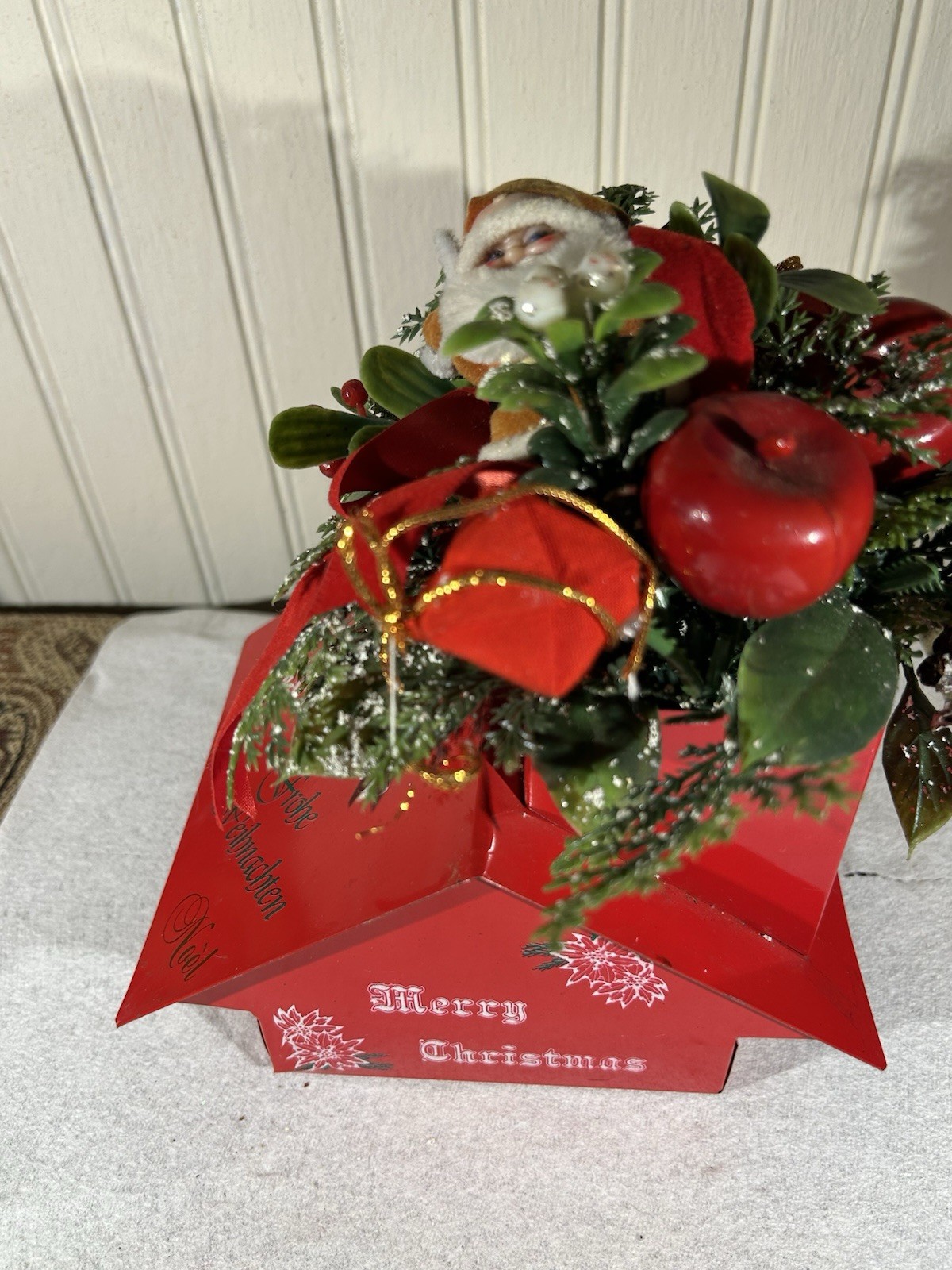 Vintage Metal Merry Christmas Tin House Santa Plastic Greenery Center Piece