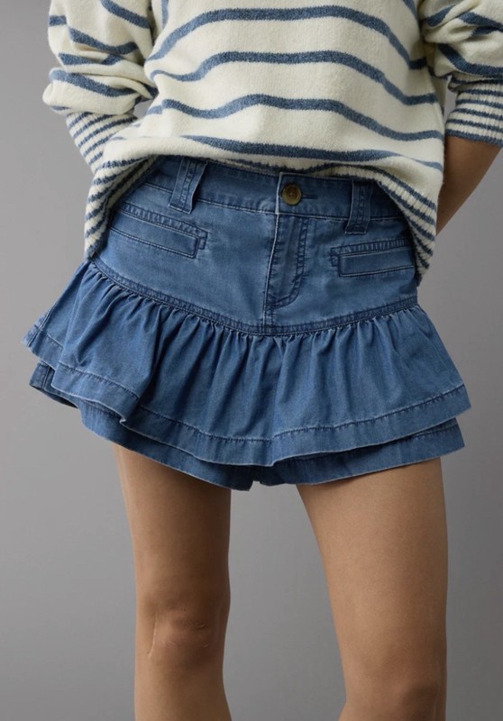 American Eagle AE Mini Ruffle Skort Jean Skirt Size 0 Women’s Ruffled Tiers